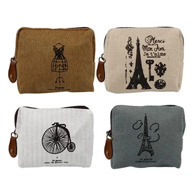 Imagen de Vintage Mini Monedero, DIYCUT 4 Piezas Monedero de Lona, Bolso Monedas con Cremallera y Patrón para Monedas, Tarjetas, Llaves