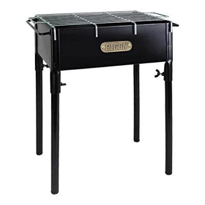 Imagen de Algon Barbacoa de Hierro Artesanal con Ruedas Parrilla Zincada Rectangular para Carbón y Leña Ajustable en 5 Niveles Protector Viento Superficie Lateral Madera (33x22 cm)