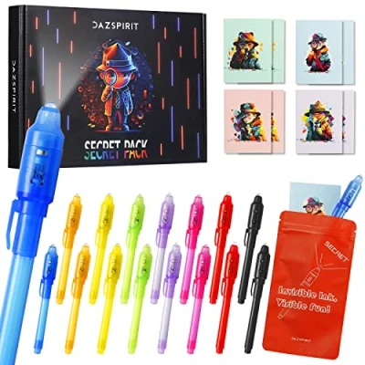 Imagen de DazSpirit 16 pcs Bolígrafo Tinta Invisible y Libreta, Tema de Detectives Boli Magico Regalos Cumpleaños Niños, para Escribir mensajes secretos, Piñatas