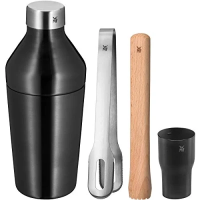 Imagen de WMF Baric Juego de cócteles (4 piezas, incluye coctelera acero inoxidable, pinza para hielo, mortero madera, apilable, en caja regalo)