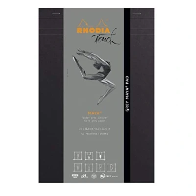Imagen de Rhodia 116100C Marker Pad Bloque encolado en cabeza (A5+ (16 x 21 cm), 50 hojas desmontables, papel Clairefontaine Layout blanco liso extra liso, 100 g/m2, color papier Maya gris A4 +
