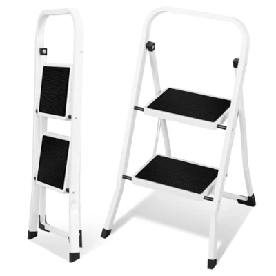 Imagen de EUGAD Escalera Plegable 2 Peldaños, de Tijera Peldaños Amplios, Doméstica Antideslizante, Mecanismo Antiplegado, Portátil, Carga 150 kg, Ligera, Fácil Plegar
