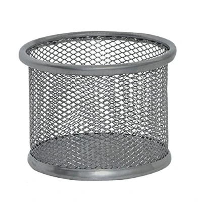 Imagen de Q Connect KF15104 organizador de escritorio redondo/de malla metálica lacada/plateado/malla metal oficina escritorio/pies antideslizantes/ 9 x 6,8 cm