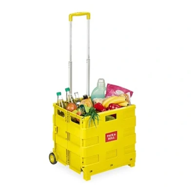 Imagen de Relaxdays Carro de la Compra Plegable, Carrito Transporte con Ruedas y Asa Telescópica, hasta 35 kg, Amarillo, Caucho, 98 x 45,5 37 cm