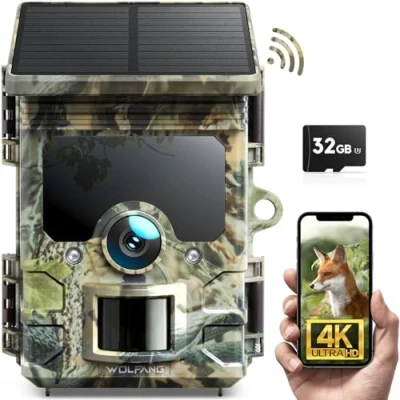 Imagen de WOLFANG Cámara de Caza Solar 4K 30fps 46MP, WiFi Bluetooth Camara Fototrampeo con Visión Nocturna, Disparo 0.1 s, IP66 Impermeable, para Monitoreo Vida Silvestre Tarjeta Micro SD