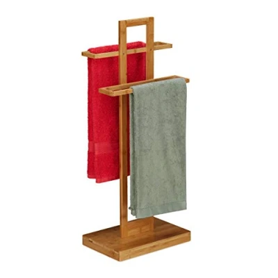 Imagen de Relaxdays Toallero de Pie, Soporte Toallas Bambú, 2 Brazos, Tendedero Baño Madera, 88 x 35,5 23,5 cm, Marrón Natural