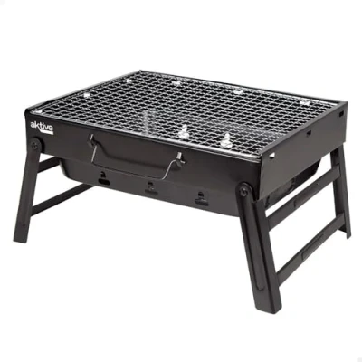 Imagen de AKTIVE 63031, Barbacoa Portátil a carbón de acero Negra y rectangular, plegable, Medidas 35 x 27 20 cm, Con asa, fácil transportar, parrilla camping, terraza, balcón