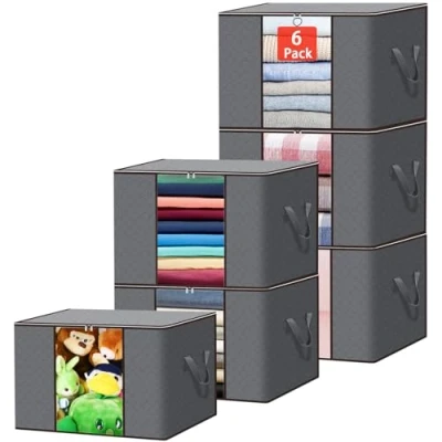 Imagen de TAVADA Cajas Almacenaje Ropa 6 Piezas, Bolsas Para Guardar no Tejido de Gran Capacidad, con Cremallera y Mango Reforzado Suéteres, Abrigos, Mantas, 90L, Gris