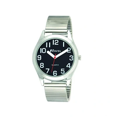 Imagen de Ravel Reloj Mujer Pulsera de Acero Inoxidable con Grandes números y Agujas Tono Plateado/Esfera Negra