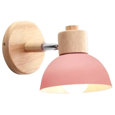 Imagen de iDEGU Aplique de Pared Moderno, Lámpara para Dormitorio Simple E27 Iluminación Interior Luz en Madera Hierro Ajustable Foco Pasillo Sala Estar (1 Pieza, Rosa)