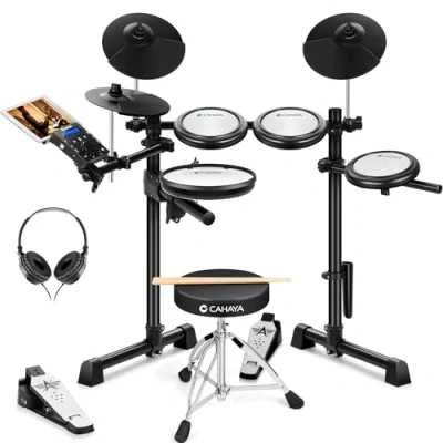 Imagen de CAHAYA Bateria Electronica Kit Adulto Ambor Electrónico Silencioso de Malla con 350 Sonidos 25 Kits Batería y Soporte para Tablet Teléfono Auriculares Incluidos Ideal Principiantes