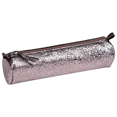 Imagen de Clairefontaine 410029C Trousse Escolar Redondo Rosa Efecto Espejo Craquelado Ø5,5x22 cm en Cuero de Cordero Genuino I Suministro Estuche Lápices Colores Portaplumas
