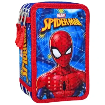 Imagen de Clondo Estuche 3D con 3 compartimentos para niños, triple relleno, 44 accesorios la escuela primaria, cremalleras, 20 cm, raya, ceras, rotuladores, Spiderman25 B, Portalápices
