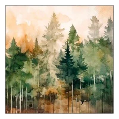 Imagen de 20 servilletas de papel con diseño bosque acuarelas, para decoración mesa, también decoupage y decoupage, 33 x cm
