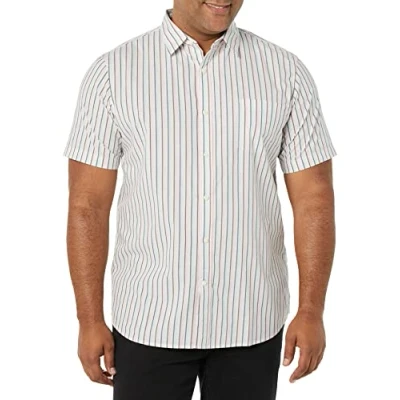 Imagen de Amazon Essentials Camisa de Popelín Manga Corta y Ajuste Entallado Hombre, Rosa Cian Oscuro Rayas, XS