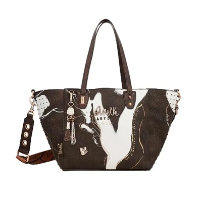 Imagen de Anekke Bolso Shopper de Mujer Grande Polipiel con 2 Asas, Bandolera y Cierre Cremallera Color Marrón Shoen Accesorios Complementos Medidas 25x23x18 cm