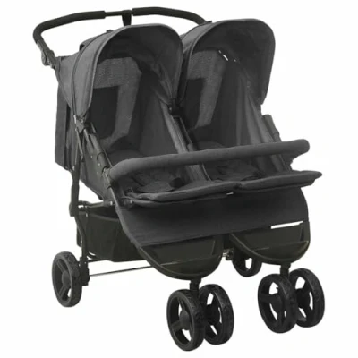 Imagen de vidaXL Carrito para Gemelos Cochecito Sillita Gemelar Silla de Paseo Canasta Niños Dosel Plegable Reposapiés Ajustable Acero Gris Antracita