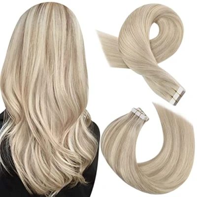 Imagen de Moresoo Extensiones de Cabello Adhesivas Natural Humano #P18/613 Rubio Ceniza con Blanqueador 20pcs/50g Sedoso y Suaves Liso 55cm
