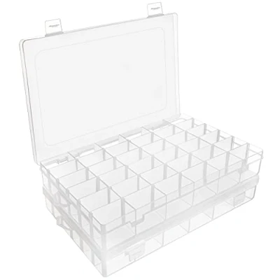 Imagen de BELLE VOUS Pack de 2 Caja Almacenaje Plastico Transparente Abalorios 27,3 x 17,6 4,3 cm Organizadora con 36 Separadores Ajustables Pendientes, Joyas, Abalorios, Manualidades