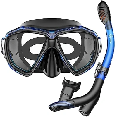 Imagen de Dorlle Máscara de Buceo Schnorcheln Set mit Schnorchel und Taucherbrille，wasserdichte Tauchmaske Anti Fog Leck aus Gehärtetem Glas，mit 3 Kanal Premium Dry für Erwachsene ，Schwarz/Blau