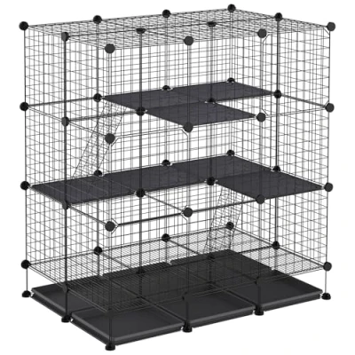 Imagen de PawHut Valla Metálica para Pequeños Animales Montaje DIY Parque Desmontable con 3 Niveles y 4 Puertas Grandes 6 Bandejas Extraíbles Jaula de Mascotas Pequeñas 111x75x119 cm Negro
