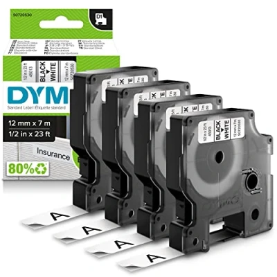 Imagen de DYMO D1 etiquetas auténticas impresión negra sobre fondo blanco 12 mm x 7 m autoadhesivas para impresoras de LabelManager 4 unidades