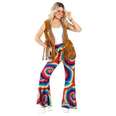 Imagen de Fun Shack Pantalones Hippies Mujer, Disfraz Hippie Años 70 60 Acampanados Disfraces Carnaval Mujer Talla L