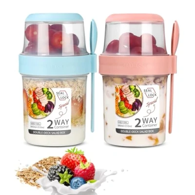 Imagen de SinLaw Portátil Taza de Cereales 310+560 ml, Diseño doble sello,2 en 1 Vasos yogurtera,Puede ser reutilizado,Vaso para Llevar (Pink+Blue（310ml+560ml)