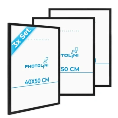 Imagen de PHOTOLINI marcos 40x50 cm negro madera MDF, set de 3 para pósteres, cristal acrílico, colgar, incluye accesorios fotos, láminas y pósteres