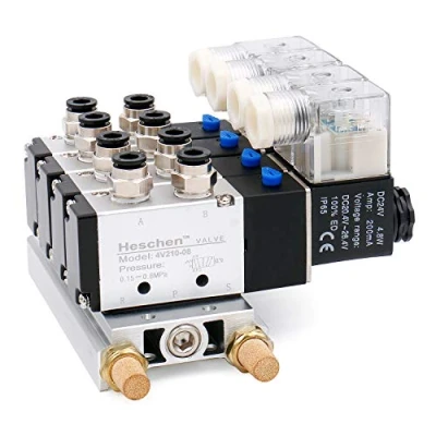 Imagen de Heschen 4 válvulas solenoides neumáticas eléctricas 4V210 08 DC 24V PT1/4 5 vías 2 posiciones silenciador base colector conjunto de accesorios rápidos