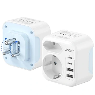 Imagen de LENCENT Adaptador Enchufe India, Cargador India Viaje con 2 USB C y A, Europa Portugal a Compacto Plegable para Sri Lanka, Nepal, Níger, Líbano, Ghana, Myanmar, Senegal, Tipo D