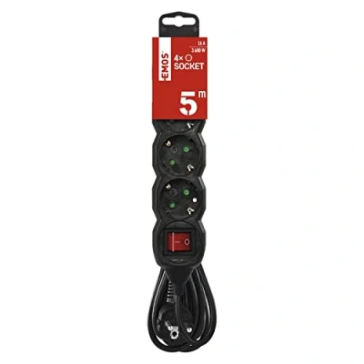 Imagen de EMOS Regleta de 4 enchufes 5m con interruptor Schuko girado 45 250 V, 16 A, 3680 W Aislamiento PVC H05VV F3G 1,5 mm2 Mayor protección táctil IP20 para interiores negro
