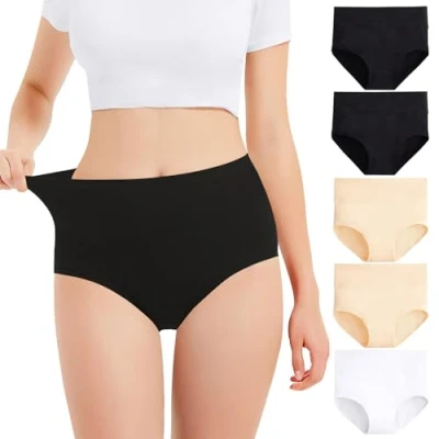 Imagen de Falechay Bragas Mujer Algodón Cintura Alta Pack de 5 Negro Beige Blanco,L