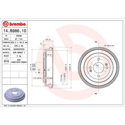 Imagen de BREMBO 14.B986.10 Tambor de Freno 203,2 HYUNDAI: i20 I Hatchback