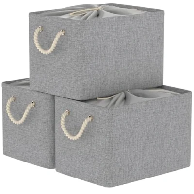 Imagen de Yawinhe Juego de 3 Cestas Almacenamiento Grande, Cajas Almacenaje con Cubierta Cordón y 2 Asas, Caja Plegable, para Ropa, Gris, 38x28x26cm