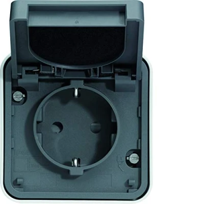 Imagen de Toma de corriente 2p+T 16A Schuko Hager cubyko completa saliente gris