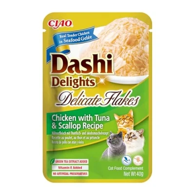 Imagen de INABA Dashi Delights Delicate Flakes, Delicados Copos en Caldo de Pollo con atún y vieiras Alimento húmedo para Gatos, Aperitivos Gatos proteínas, Ingredientes Naturales Comida