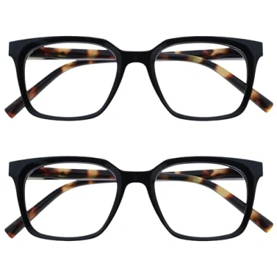 Imagen de OPULIZE KOI Gafas de Lectura Pack 2 Elegante Marco Rectangular Ancho Negro Hombre Mujer Bisagras Muelle RR50 1 +1.00