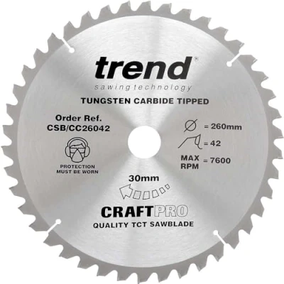 Imagen de Trend CraftPro Hoja de sierra circular TCT corte transversal con gancho negativo, 260 mm diámetro x 42 dientes 30 interior, punta carburo tungsteno, CSB/CC26042