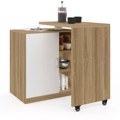 Imagen de IDMarket Ilot Rotativo Polo Mueble de bar giratorio 2 en 1 imitación haya puerta blanca