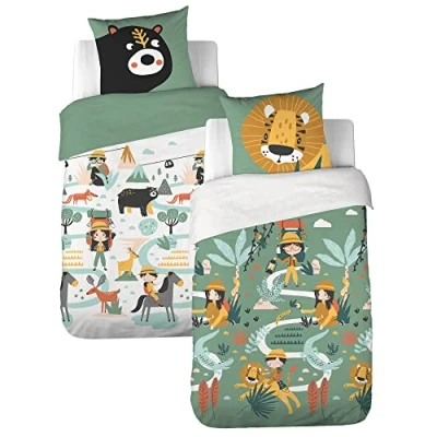 Imagen de Juego de cama infantil reversible león y oso: funda nórdica 140 x 200 cm + 1 almohada 63 cm, 100% algodón suavizado