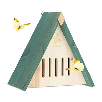 Imagen de Relaxdays Casa para Mariposas, Madera, Hotel Insectos Jardín, Colgar o Colocar, Casita Bichitos, Natural/Verde, 26 x 27,5 16 cm