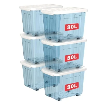 Imagen de Cetomo 80L*6 Cajas de Almacenamiento con Tapas, Contenedores Plástico Ruedas, Clip On, Apilables, Encajables, Organizador Rayado para Oficina en Casa, Azul Claro, 80L 6 Pack