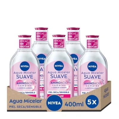 Imagen de NIVEA Agua micelar Suave para Piel Seca/Sensible en pack de 5 (5 x 400 ml), desmaquillante limpieza facial con aceite almendras, desmaquillador ojos y rostro