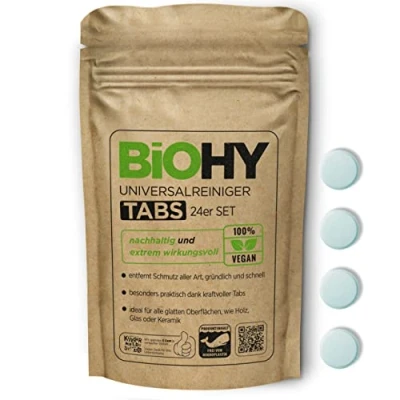 Imagen de BiOHY Pastillas de limpiador universal (Juego 24) tabletas multiusos para disolver libre microplásticos Limpiadores cocina y baño elimina la cal suciedad (Universal Tabs)