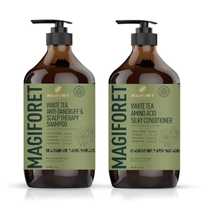 Imagen de MagiForet Champú y acondicionador anticaspa calmante, 2 x 500 ml. Para cuero cabelludo seco, descamación, ayuda a combatir la caspa, deja el seco con picazón en sensación de