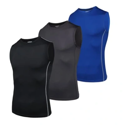 Imagen de AMZSPORT Camiseta de compresión sin Mangas para Hombre Deportes Secado Rápido Baselayer Funcionamiento Tirantes Negro Gris Azul (Conjunto 3) L