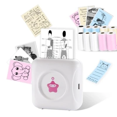 Imagen de vretti Mini Impresora Térmica TP2 Y, de Pegatinas Compatible con Android e iOS, Fotos 10 Rollos Etiquetas, Bolsillo Portátil para iPhone Notas