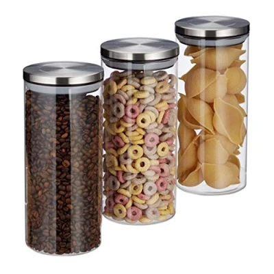 Imagen de relaxdays Recipientes para Alimentos, 1,3L, Hermético, Tapa de Acero Inoxidable, Tarros Cocina, 3 Uds, Transparente, Silicona