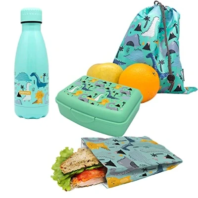 Imagen de NERTHUS FIH 1038 SET Botella Doble Pared Acero Inox + Lunchbox Bolsa Sandwich Mochila Dinosaurios